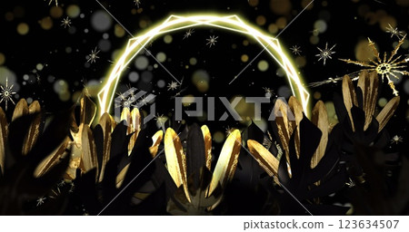 Christmas snowflakes over leaves and ring of light with light spots on black background Christmas snowflakes over leaves and ring of light with light spots on black background 123634507