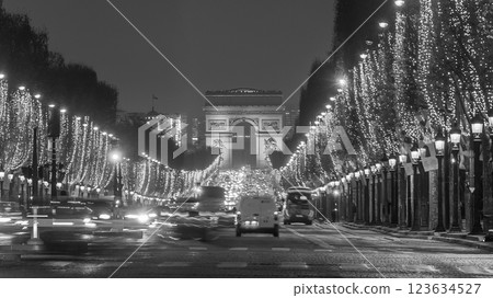 Road of Champs Elysee leading to Arc de Triomphe in Paris, France 123634527