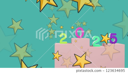 Colorful stars and numbers 2025 pop on a teal background 123634695
