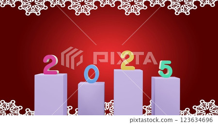 Image of 2025 text and christmas decorations in background 123634696