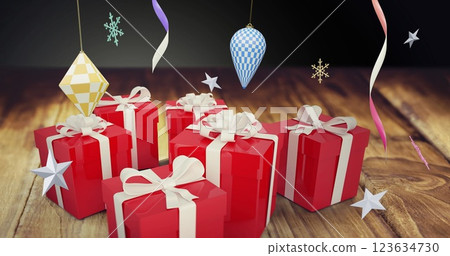 Image of party streamers and christmas presents and decorations 123634730