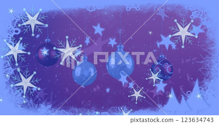 Image of stars and snowflakes floating over hanging bauble decorations against red background 123634743