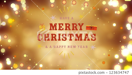 Image of gift boxes, have a merry christmas and a happy new year text with stars and lens flares 123634747