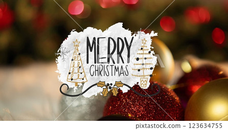 Image of merry christmas text with trees over baubles against lens flares 123634755