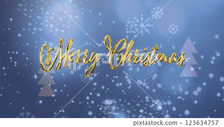 Image of merry christmas text with falling snowflakes and blasting confetti over blue background 123634757