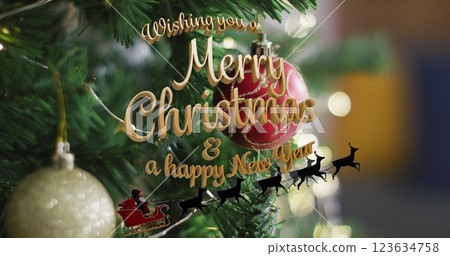 Image of merry christmas text and pandemic text with sick network of dark and champagne glass 123634758