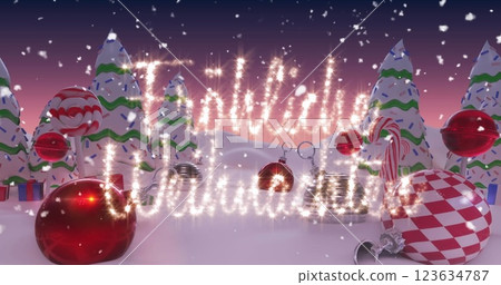 Image of snow falling over frohe weihnachten text against decorations on winter landscape 123634787