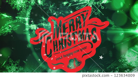 Image of snow falling over christmas greetings text and christmas tree decoration 123634809