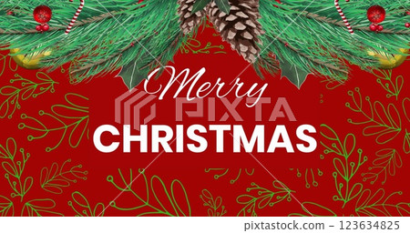 Image of merry christmas text over decorations on red background 123634825