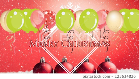 Image of balloones over merry christmas text and snow on red background 123634826