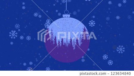 Image of orange spots and snowflakes falling over hanging bauble with winter landscape print 123634840