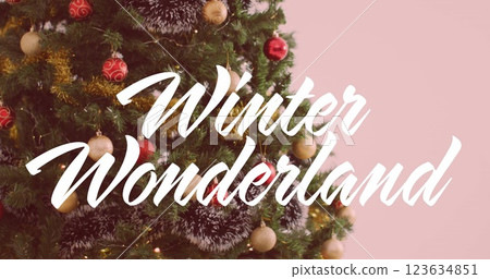 Image of winter wonderland text banner over decorated christmas tree against pink background Image of winter wonderland text banner over decorated christmas tree against pink background 123634851