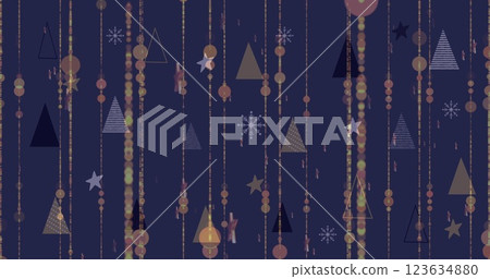 Image of falling christmas lights over snowflakes and trees on navy background 123634880