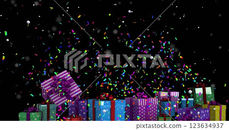 Image of confetti falling over christmas presents with copy space Image of confetti falling over christmas presents with copy space 123634937