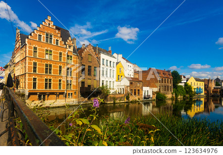 View of Graslei quay and Leie river in the historic city center in Ghent 123634976