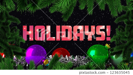 Image of holidays text with lights and baubles on black background Image of holidays text with lights and baubles on black background 123635045