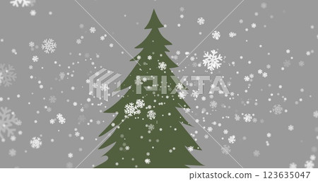 Image of snow falling over christmas tree on grey background Image of snow falling over christmas tree on grey background 123635047