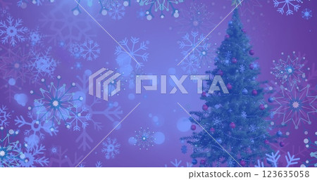 Image of snow falling over christmas tree in winter scenery 123635058