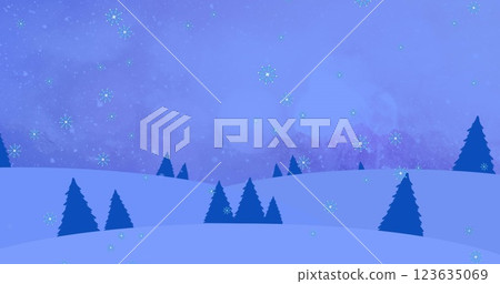 Image of snow falling over christmas trees in winter scenery 123635069