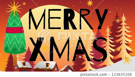 Image of merry xmas text over snow and winter landscape 123635108