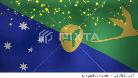 Image of falling confetti over waving flag of christmas island in background 123635154