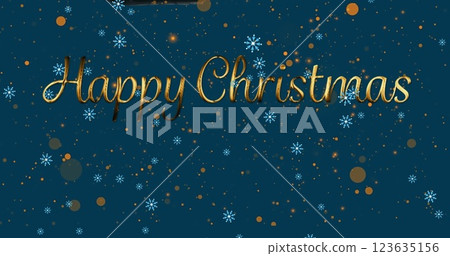 Image of snowflakes falling over happy christmas text banner and yellow spots on blue background Image of snowflakes falling over happy christmas text banner and yellow spots on blue background 123635156