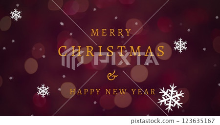 Image of snowflakes over merry christmas and new year text banner against red spots of light 123635167