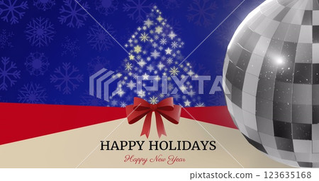 Image of happy holidays and new year text with christmas tree, red bow an mirror ball 123635168