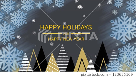 Image of happy holidays and new year text with snowflakes and christmas trees Image of happy holidays and new year text with snowflakes and christmas trees 123635169