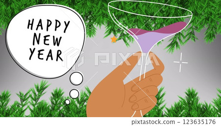Image of happy new year text in thought bubble with hand holding glass and christmas tree 123635176