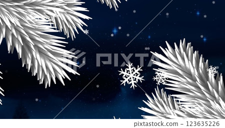 Christmas tree branches against snowflakes floating and blue shining stars on blue background 123635226