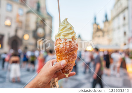Chimney cake with ice cream in Prague 123635243