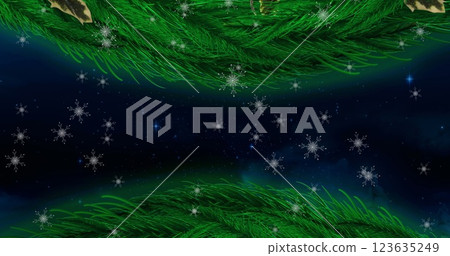 Christmas wreath decoration over snowflakes falling against shining stars on blue background 123635249