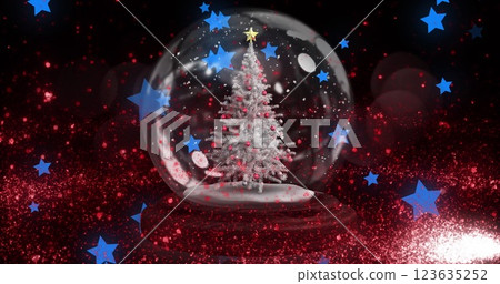 Red shooting star over christmas tree in a snow globe against multiple blue stars icons floating 123635252