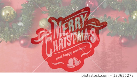 Image of merry christmas text over christmas baubles 123635272