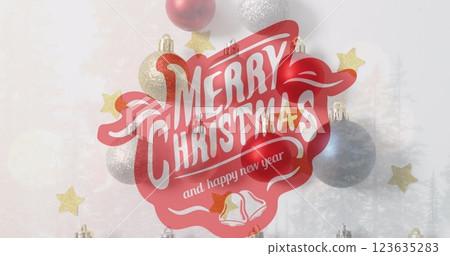 Image of merry christmas text over christmas baubles 123635283
