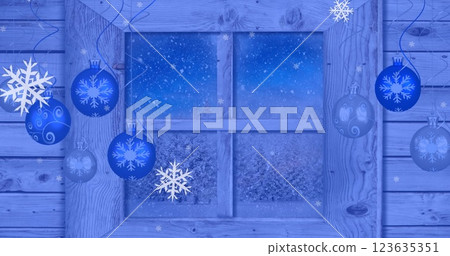Image of snowflakes and hanging bauble decoration over wooden window frame 123635351