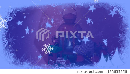 Image of christmas greetings over christmas tree in snow falling and snow on blue background 123635356