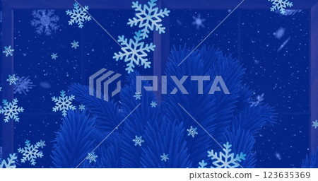 Image of snow falling over christmas tree branches decoration and winter scenery 123635369