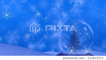 Image of snowflakes over snow globe with christmas tree 123635372