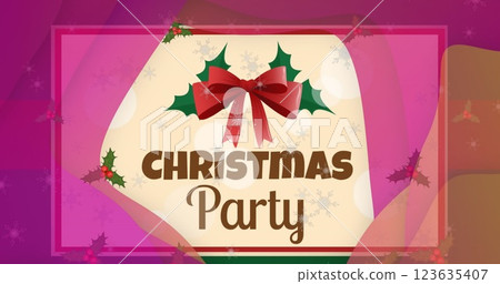 Image of snow falling over christmas greetings text and decoration 123635407