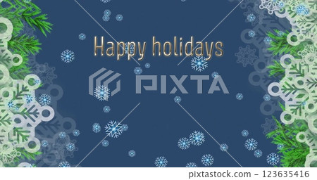 Image of happy holidays text over christmas winter scenery 123635416
