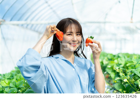 一個女人在摘草莓 一個女人在摘草莓 123635426