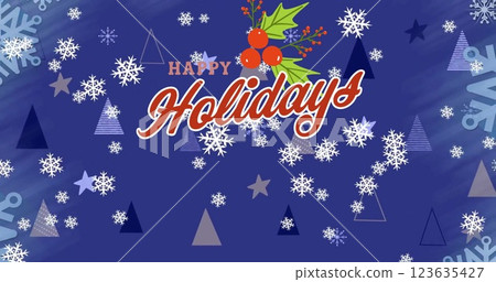 Image of happy holidays text and snow falling over christmas trees on blue background Image of happy holidays text and snow falling over christmas trees on blue background 123635427