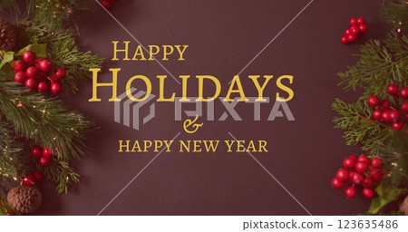 Image of happy holidays text over christmas wreath Image of happy holidays text over christmas wreath 123635486