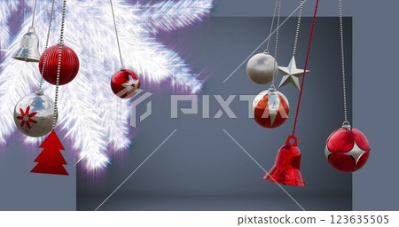 Image of hanging baubles, trees and star, illuminated pine tree against gray background Image of hanging baubles, trees and star, illuminated pine tree against gray background 123635505