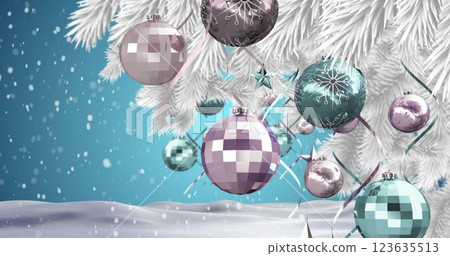 Image of christmas greetings and baubles over christmas decorations 123635513
