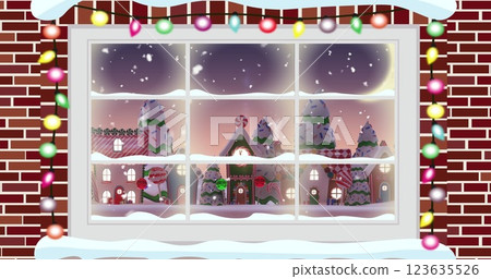 Fairy light over window frame against snow falling over multiple houses on winter landscape 123635526
