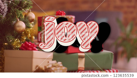 Image of christmas greetings text over christmas presents and decorations Image of christmas greetings text over christmas presents and decorations 123635539