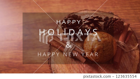 Image of christmas greetings text over christmas decorations Image of christmas greetings text over christmas decorations 123635554